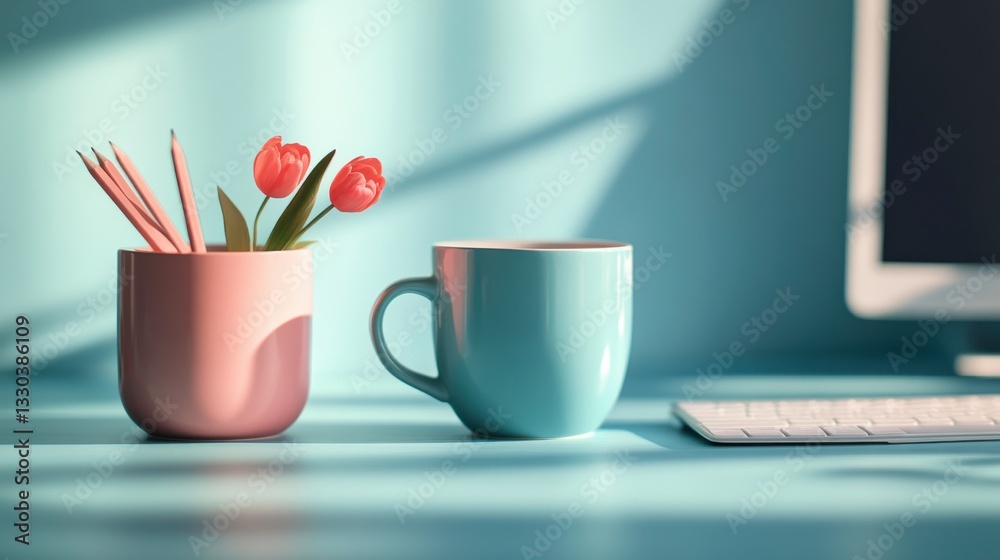 Modern Minimalist Workspace with Soft Evening Light Modern Minimalist Workspace with Soft Evening Light