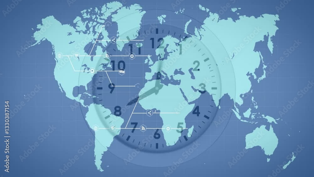 Animation of world map with clock face and network connections ...