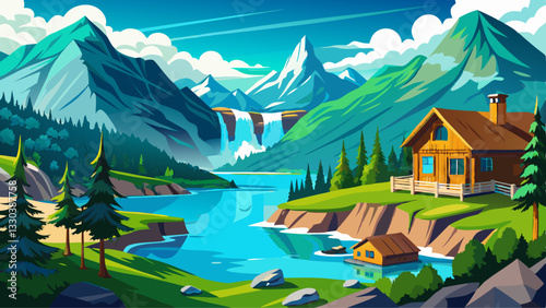 Amazing tourquise Oeschinnensee lake with waterfalls, wooden chalet and Swiss Alps, Berner Oberland, Switzerland