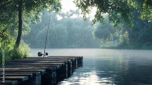Fishing rod resting dockside near calm lake images