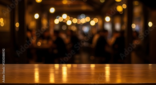 Empty wooden counter with blurred light background at night cafe