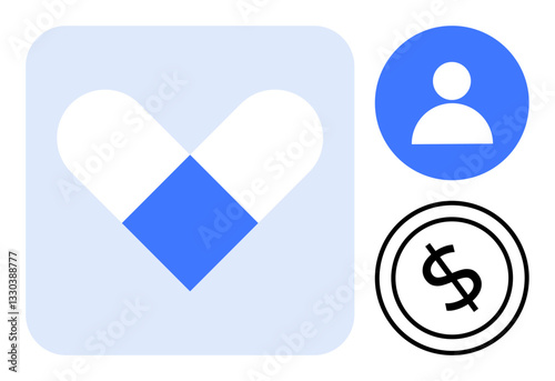 Blue and white pill icon, user profile circle, and dollar sign encircled. Ideal for healthcare, patient management, medical cost, insurance, online pharmacy, telemedicine flat simple metaphor