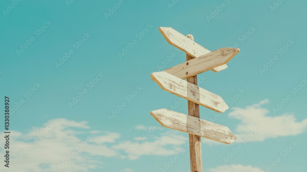 White, blank wooden signpost with arrows pointing in different directions against a blue sky background, with copy space for text White, blank wooden signpost with arrows pointing in different directions against a blue sky background, with copy space for text