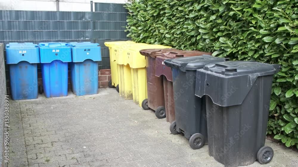 Trash cans on wheels in different colors - blue, yellow, brown, black, intended for waste sorting, stand on the street in Germany. The concept of proper waste sorting and ecology. Trash cans on wheels in different colors - blue, yellow, brown, black, intended for waste sorting, stand on the street in Germany. The concept of proper waste sorting and ecology.