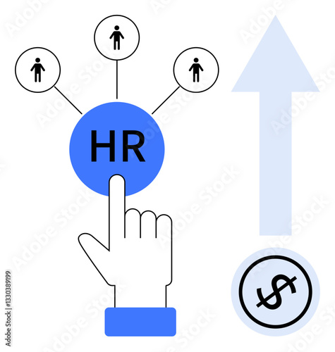 Hand pointing to HR button with connected people icons, upward arrow and dollar sign. Ideal for recruitment, workforce planning, career growth, business success, HR strategy, cost efficiency