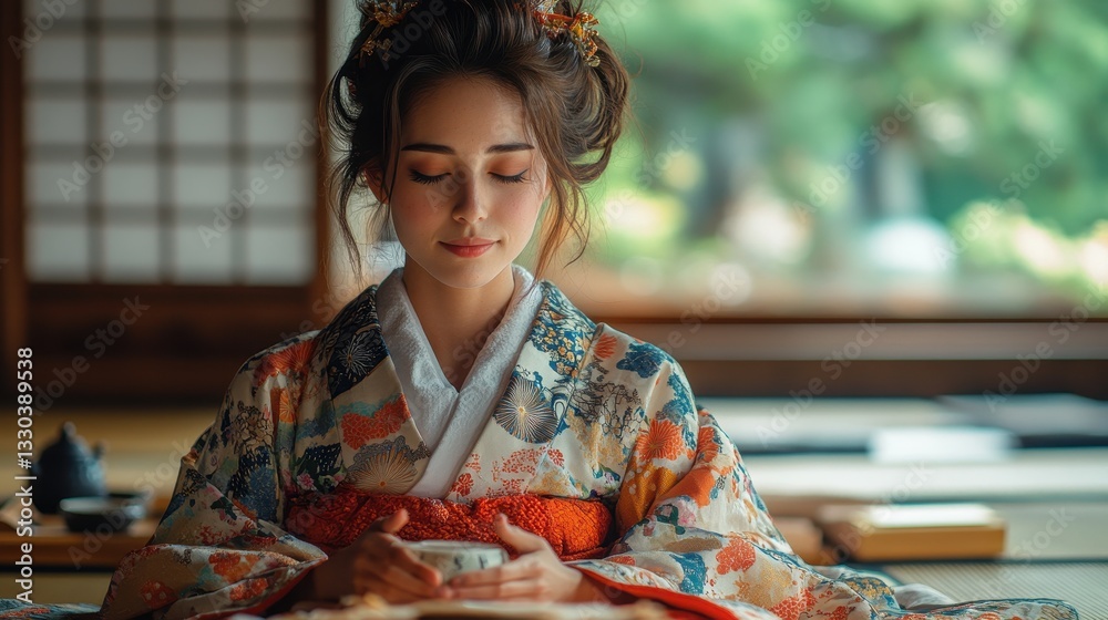 young japanese woman in traditional kimono enjoying tea ceremony indoors young japanese woman in traditional kimono enjoying tea ceremony indoors