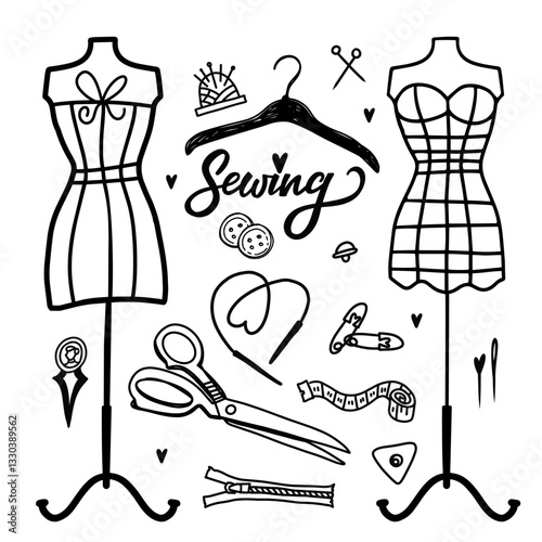 Black and White Sewing Supplies Illustration Featuring Mannequins, Tools, and Accessories. EPS 10