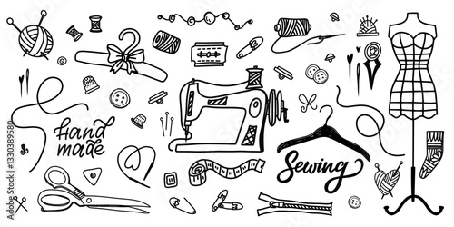 Artistic Sewing and Tailoring Illustration Featuring Sewing Machine, Scissors, Mannequin, and Creative Craft Elements, Perfect for Handmade Design and Artistic Stitching Concepts. EPS 10