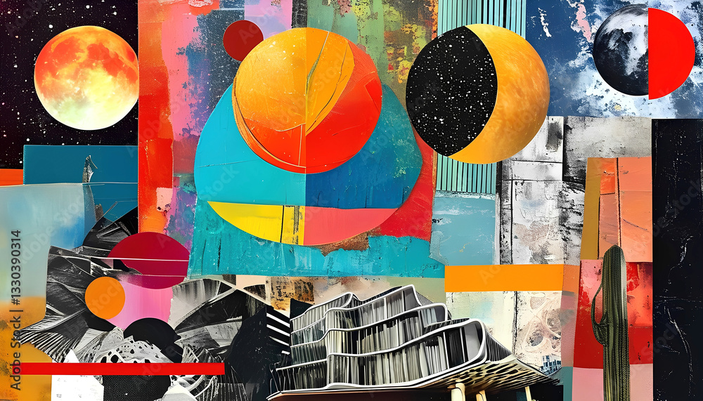 Abstract geometric collage with planets, modern architecture, and bold color contrasts, evoking a futuristic and cosmic aesthetic