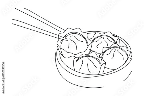 Delicious Steamed Dumplings, Asian Cuisine, Chopsticks, Bowl, Food Illustration