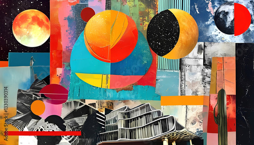 Obraz na płótnie Abstract geometric collage with planets, modern architecture, and bold color contrasts, evoking a futuristic and cosmic aesthetic w salonie