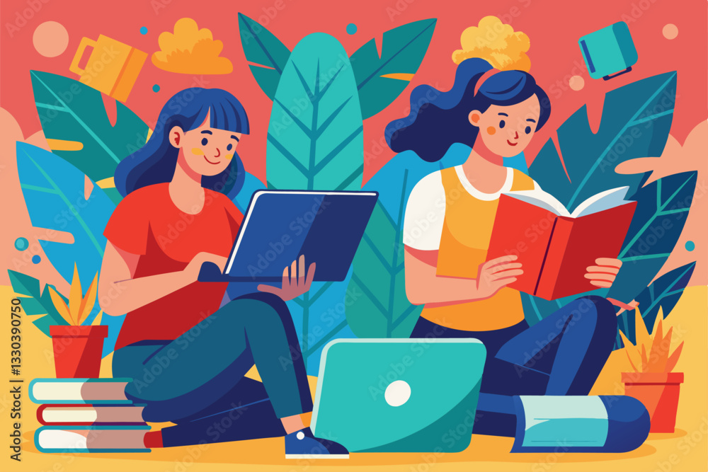 Two individuals enjoy reading books and working on laptops in a comfortable indoor space filled with greenery, two people reading books and using laptops