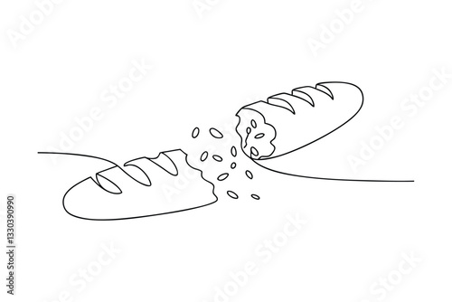Single line drawing of a broken baguette, crumbs scattered
