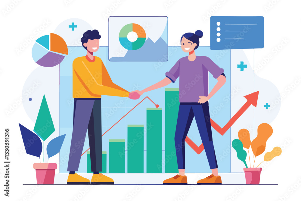 Two individuals engage in a handshake, surrounded by business charts and graphs indicating progress, Two people shaking hands on a diagram background Two individuals engage in a handshake, surrounded by business charts and graphs indicating progress, Two people shaking hands on a diagram background