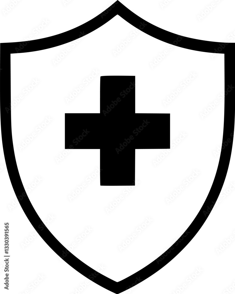 Outline illustration of a shield with a cross minimal medical security vector icon. Outline illustration of a shield with a cross minimal medical security vector icon.