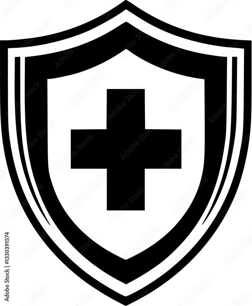 Outline illustration of a shield with a cross minimal medical security vector icon. Outline illustration of a shield with a cross minimal medical security vector icon.