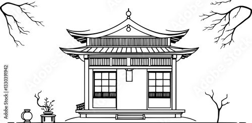 Outline of a traditional tea house with wooden decor minimalist vector design.