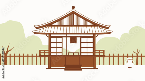 Outline of a traditional tea house with wooden decor minimalist vector design.