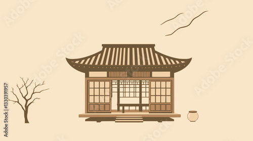 Outline of a traditional tea house with wooden decor minimalist vector design.