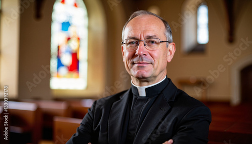 Contemplative Catholic abbot posing in serene church interior, spirituality
