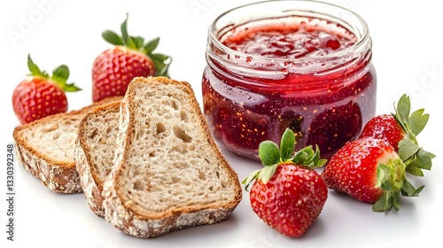 Strawberry jam and bread on a white background