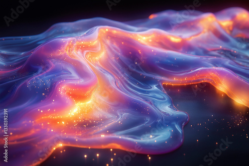 Iridescent fluid form slowly oozing on a dark surface, with glowing edges and a smooth, molten texture.
