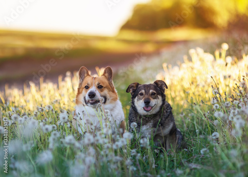 couple of cute dogs sitting on summer meadow among white dandelion flowers