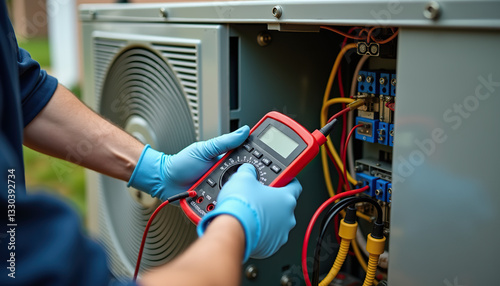 Professional HVAC Technician with Focused Demeanor Testing Electrical Components in Industrial Setting