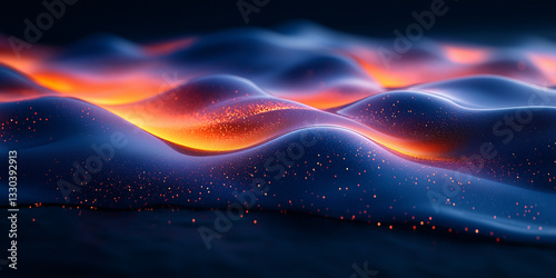 Iridescent fluid form slowly oozing on a dark surface, with glowing edges and a smooth, molten texture.