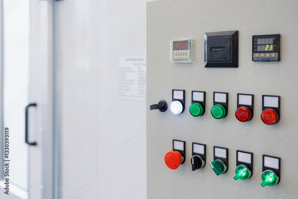 Control Panel Featuring Various Buttons and Displays Instruments for Monitoring in a Modern Facility Setting