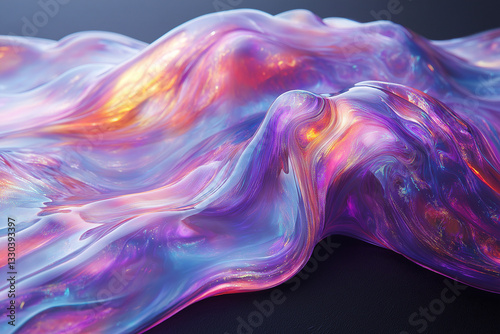 Iridescent fluid form slowly oozing on a dark surface, with glowing edges and a smooth, molten texture.