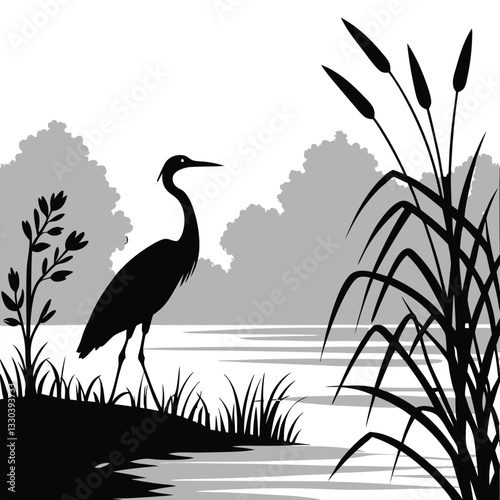 Black and white silhouette of heron by a tranquil marsh