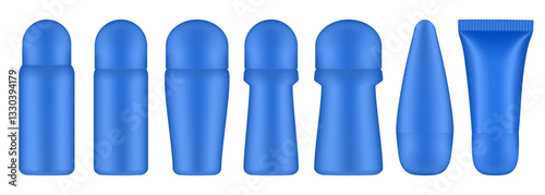 Set of blue roller ball bottles. Body antiperspirant deodorant roll-on, closed blank bottles with screw cap. Realistic vector mockup	
