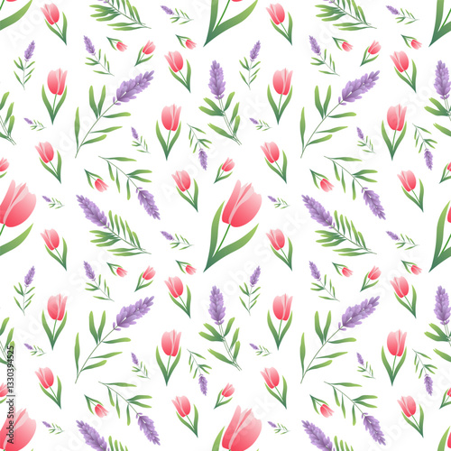 Spring seamless pattern with flowers. Floral background in flat style with tulip, violet bouquet. Vector illustration