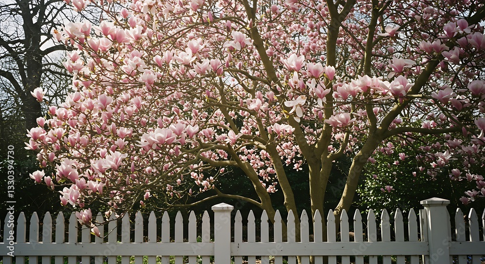 Fototapeta premium Blooming Magnolia Tree with Pink Flowers Behind White Picket Fence