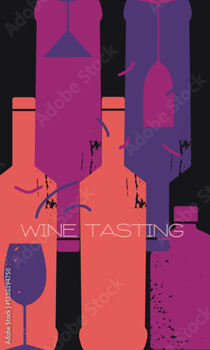 Party poster design, bar menu. Vector illustration wine tasting, bottles, glasses, flat style