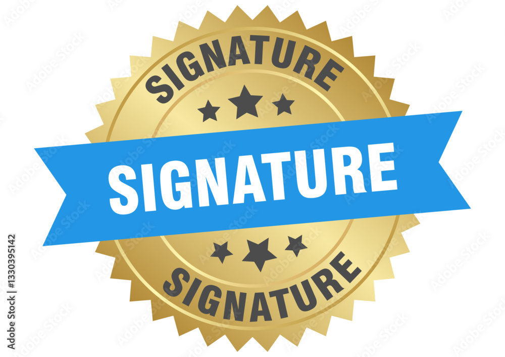 signature. signature round blue and gold label isolated on transparent background signature. signature round blue and gold label isolated on transparent background