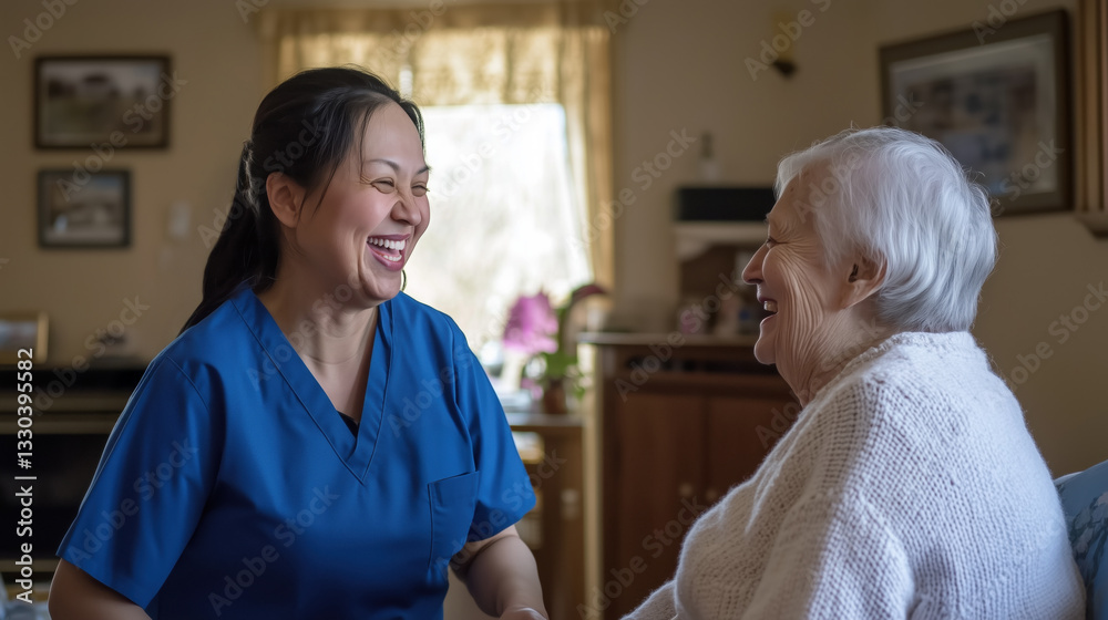 Fototapeta premium A home health care worker assists an elderly woman in her home / Healthcare aide / Medical assistant