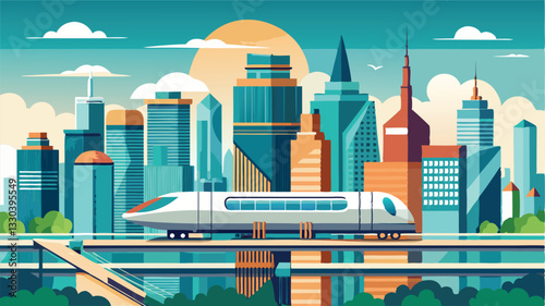 Modern city skyline features a futuristic train gliding smoothly through urban architecture under a bright blue sky at midday