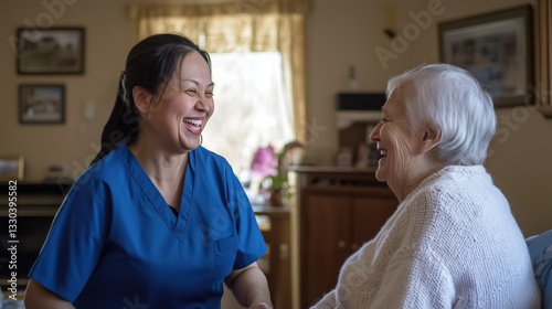 A home health care worker assists an elderly woman in her home / Healthcare aide / Medical assistant