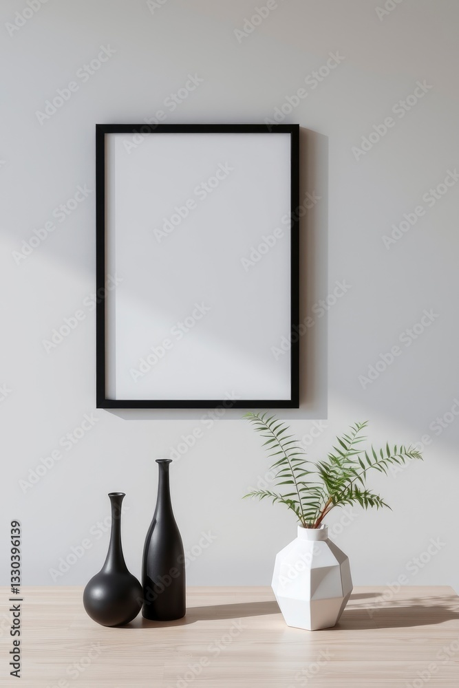 Fototapeta premium Framed Art Mockup Featuring Modern Vase and Black Decorative Bottles