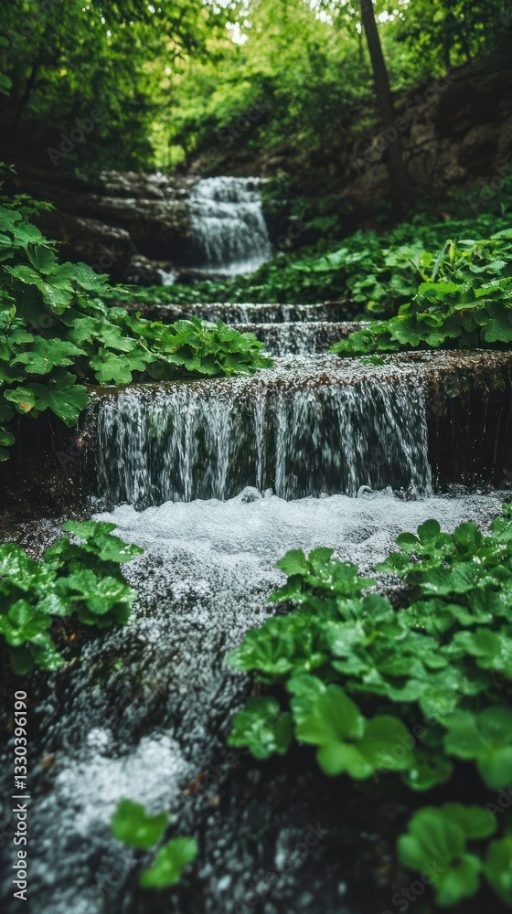 A scenic cascade of water flowing through lush green vegetation A scenic cascade of water flowing through lush green vegetation