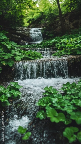 A scenic cascade of water flowing through lush green vegetation