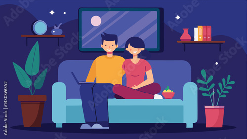 Cozy evening at home with couple relaxing on sofa using laptop and enjoying snacks in a stylish living room setting