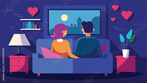 Cozy evening at home with couple relaxing on sofa using laptop and enjoying snacks in a stylish living room setting