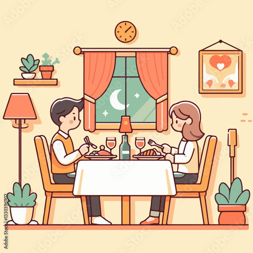 vector illustration of people eating with their partner and family