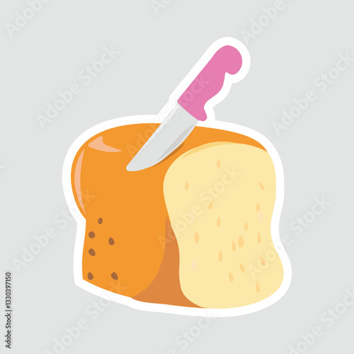 Bread Vector Illustration Sticker. Cute cartoon-style sticker of sliced bread with a knife. Perfect for bakery, food-themed designs, and stickers