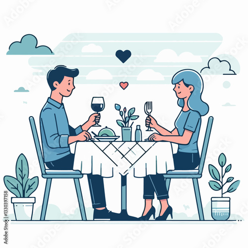 vector illustration of people eating with their partner and family
