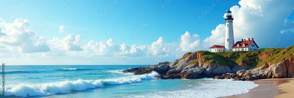 Lighthouse on rocky coast with crashing waves. Coastal, seascape, scenic Lighthouse on rocky coast with crashing waves. Coastal, seascape, scenic