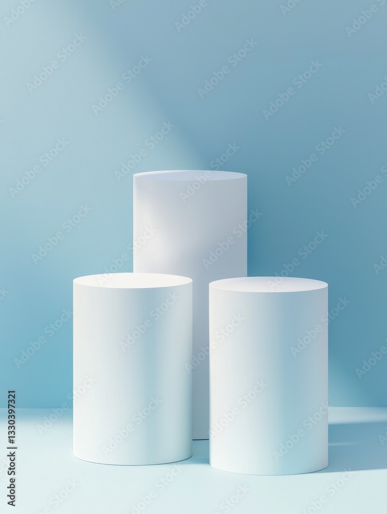 Minimalist White Cylinders on Soft Blue Background for Display Minimalist White Cylinders on Soft Blue Background for Display